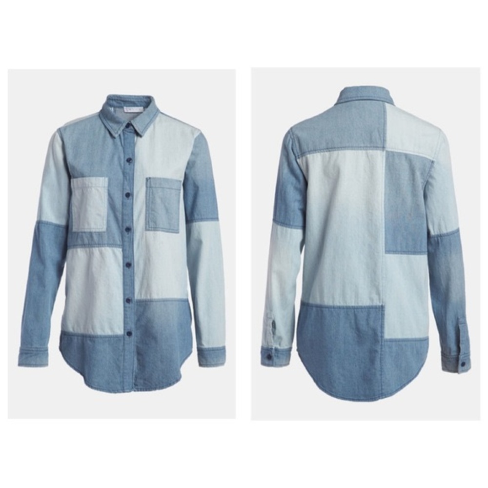 Leith Color Block Button Down Chambray Shirt - image 1